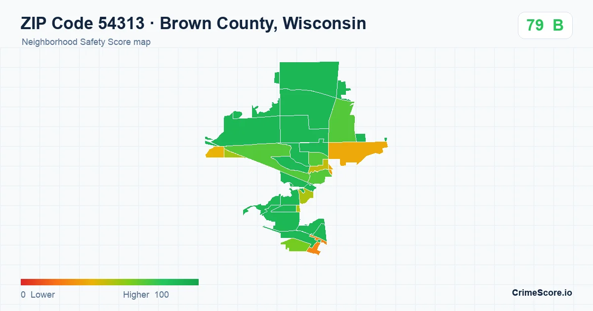 ZIP Code 54313 in Brown County, Wisconsin neighborhood Safety Score map