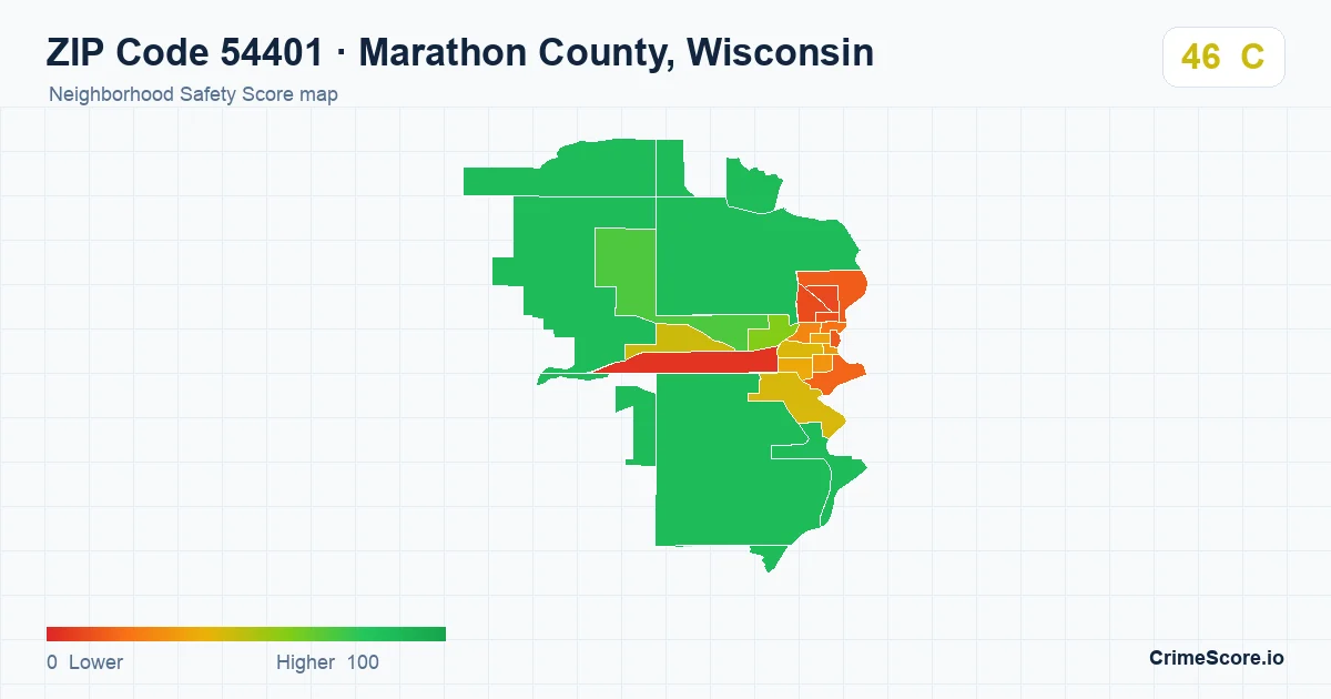 ZIP Code 54401 in Marathon County, Wisconsin neighborhood Safety Score map