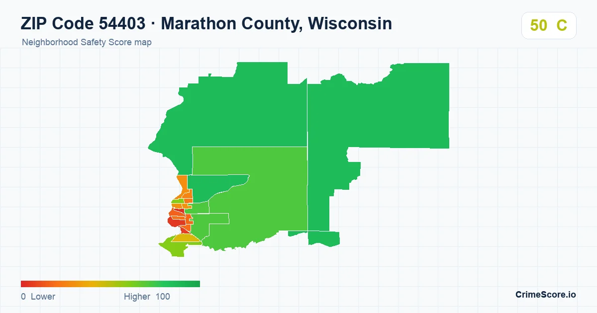 ZIP Code 54403 in Marathon County, Wisconsin neighborhood Safety Score map