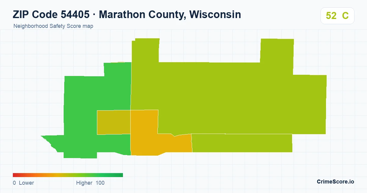 ZIP Code 54405 in Marathon County, Wisconsin neighborhood Safety Score map