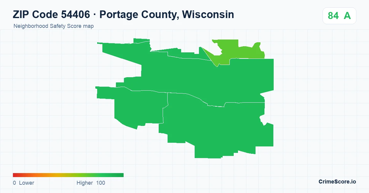 ZIP Code 54406 in Portage County, Wisconsin neighborhood Safety Score map
