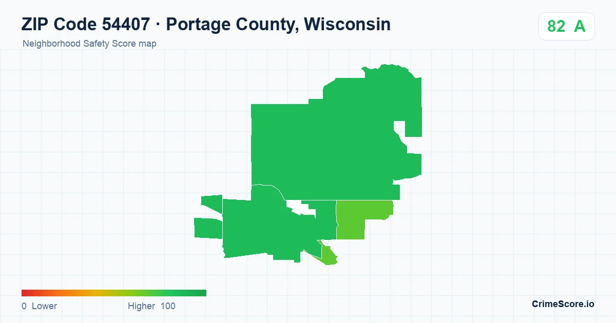 ZIP Code 54407 in Portage County, Wisconsin neighborhood Safety Score map