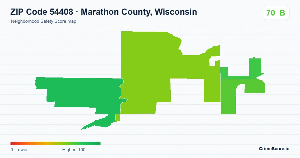 ZIP Code 54408 in Marathon County, Wisconsin neighborhood Safety Score map