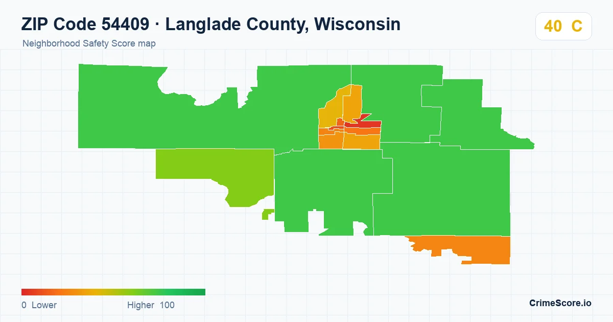 ZIP Code 54409 in Langlade County, Wisconsin neighborhood Safety Score map