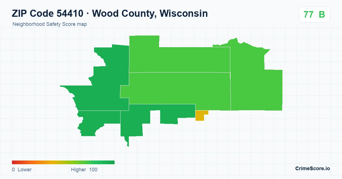 ZIP Code 54410 in Wood County, Wisconsin neighborhood Safety Score map