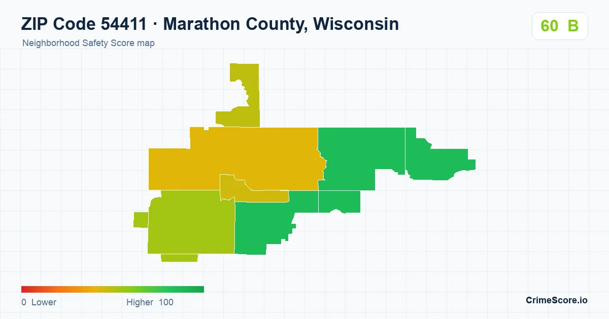 ZIP Code 54411 in Marathon County, Wisconsin neighborhood Safety Score map