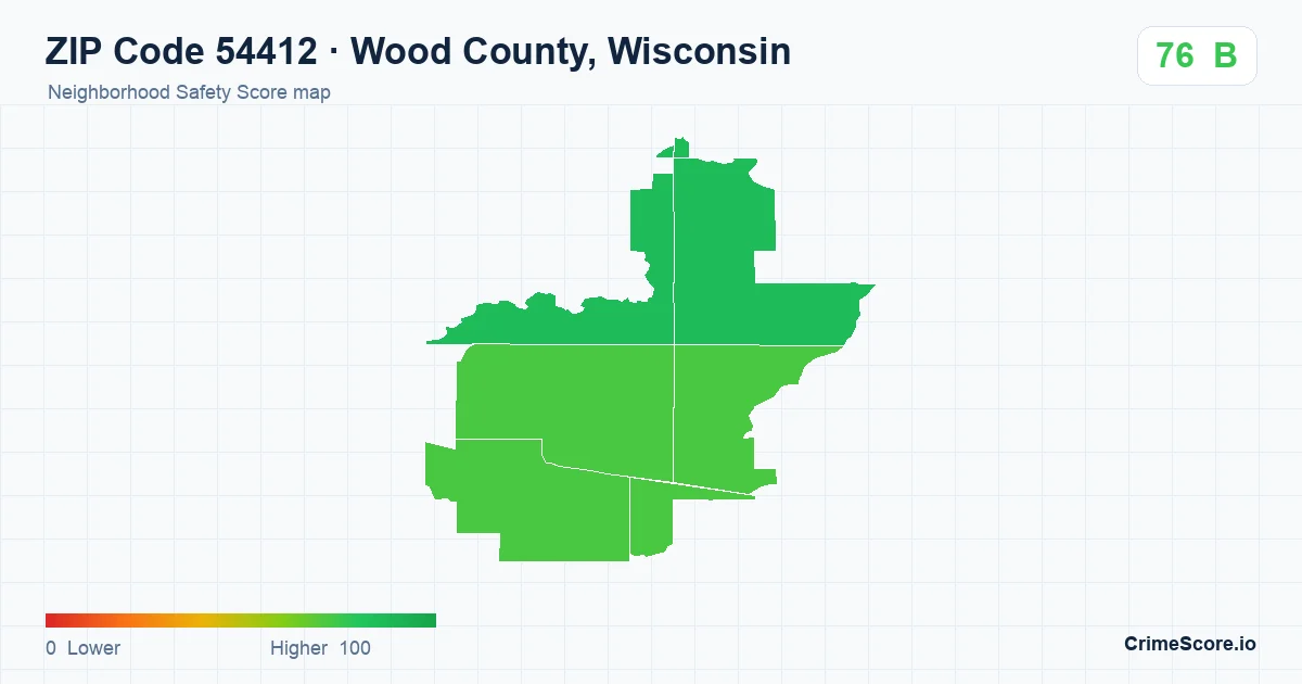 ZIP Code 54412 in Wood County, Wisconsin neighborhood Safety Score map