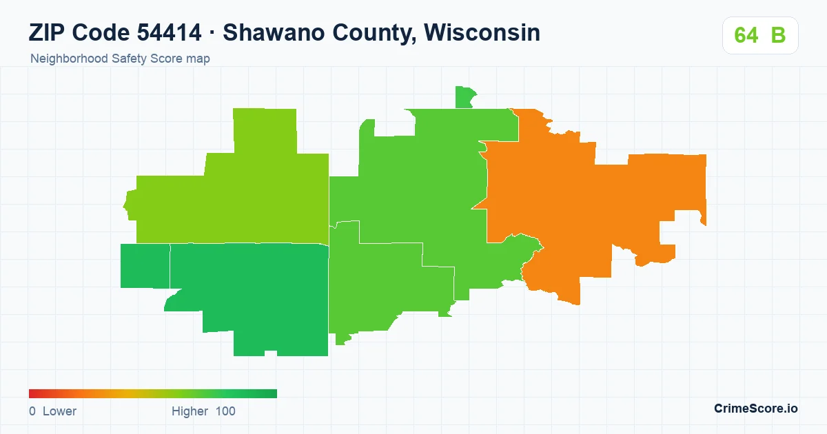 ZIP Code 54414 in Shawano County, Wisconsin neighborhood Safety Score map