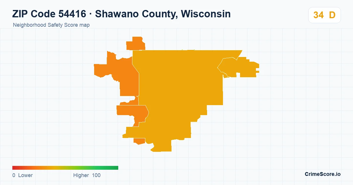 ZIP Code 54416 in Shawano County, Wisconsin neighborhood Safety Score map