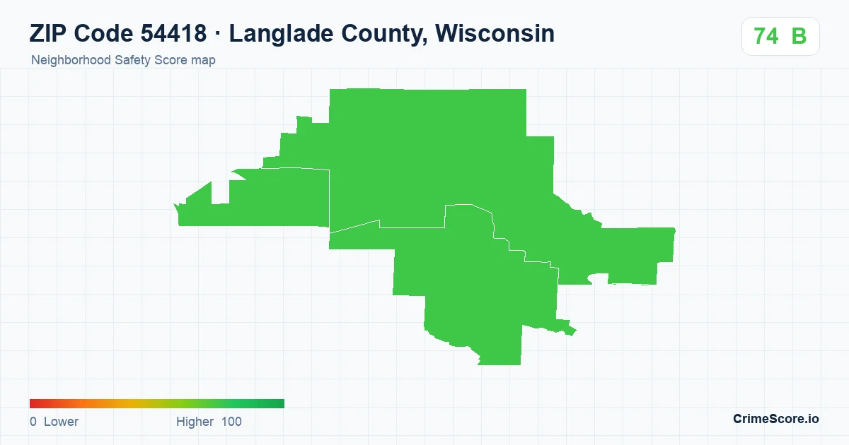 ZIP Code 54418 in Langlade County, Wisconsin neighborhood Safety Score map