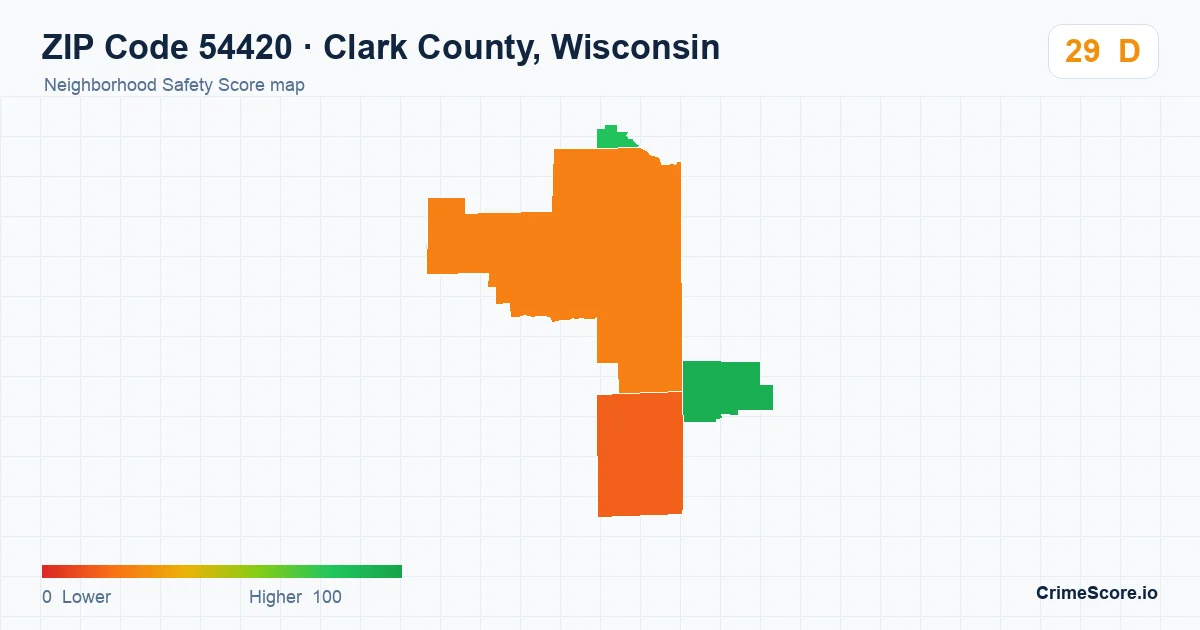 ZIP Code 54420 in Clark County, Wisconsin neighborhood Safety Score map