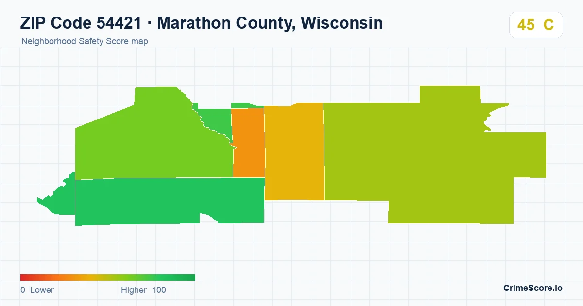 ZIP Code 54421 in Marathon County, Wisconsin neighborhood Safety Score map