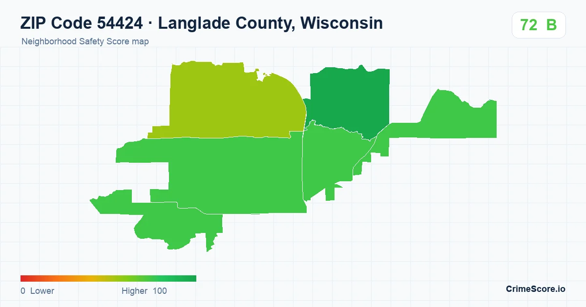 ZIP Code 54424 in Langlade County, Wisconsin neighborhood Safety Score map