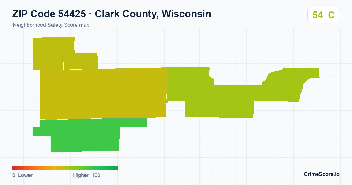 ZIP Code 54425 in Clark County, Wisconsin neighborhood Safety Score map