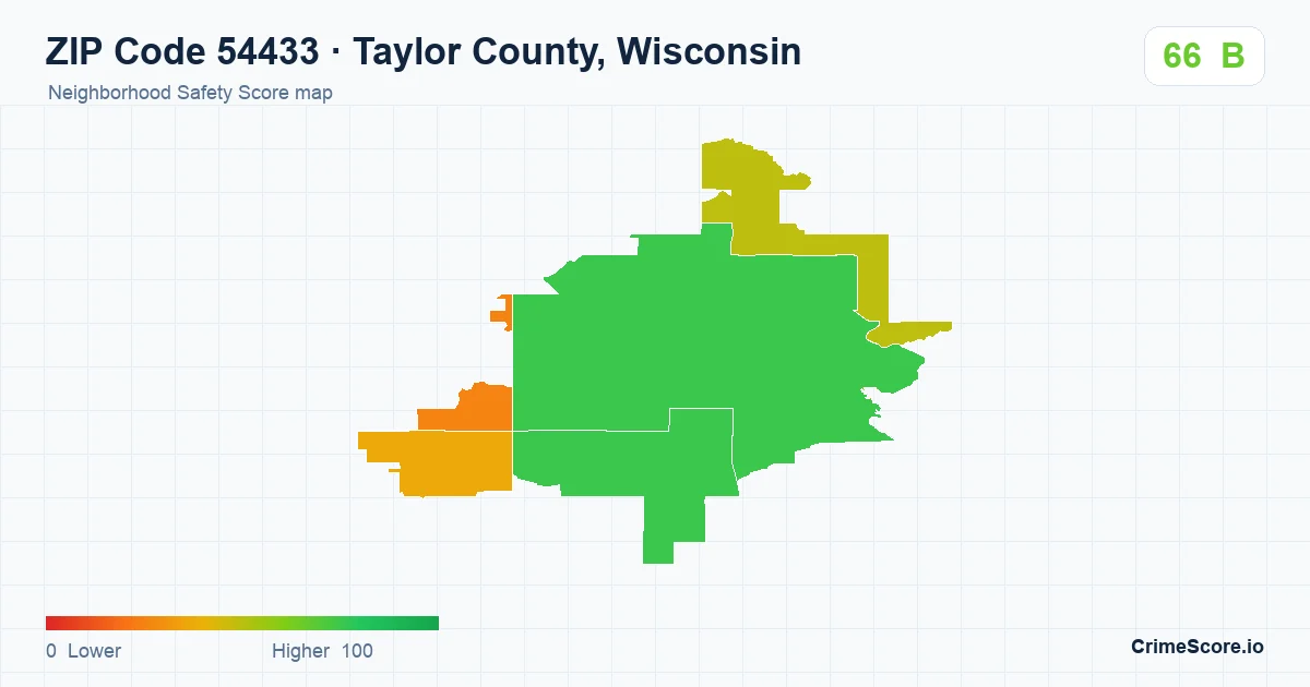 ZIP Code 54433 in Taylor County, Wisconsin neighborhood Safety Score map
