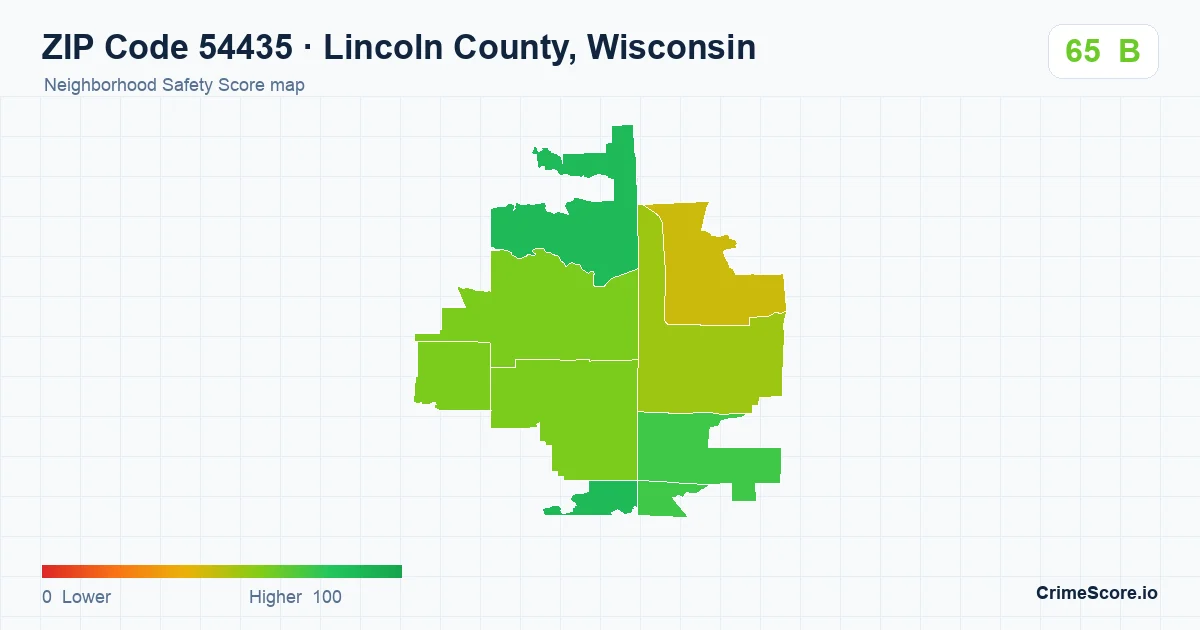 ZIP Code 54435 in Lincoln County, Wisconsin neighborhood Safety Score map
