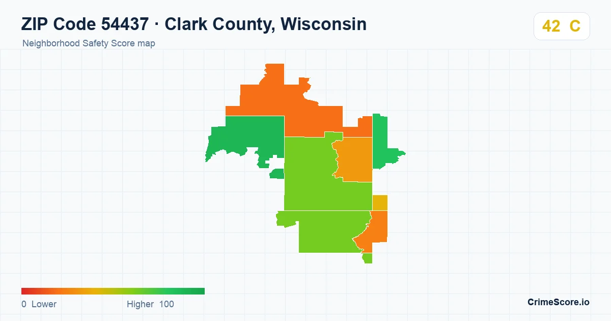 ZIP Code 54437 in Clark County, Wisconsin neighborhood Safety Score map