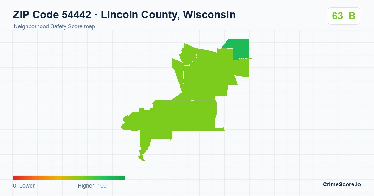 ZIP Code 54442 in Lincoln County, Wisconsin neighborhood Safety Score map