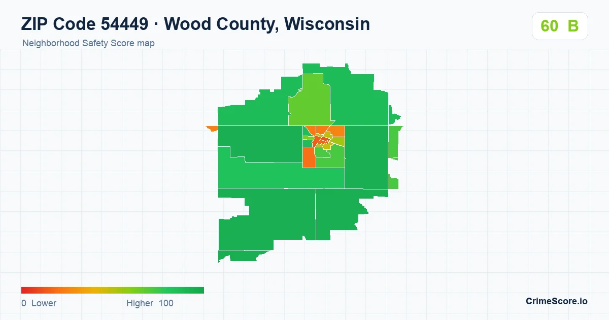 ZIP Code 54449 in Wood County, Wisconsin neighborhood Safety Score map