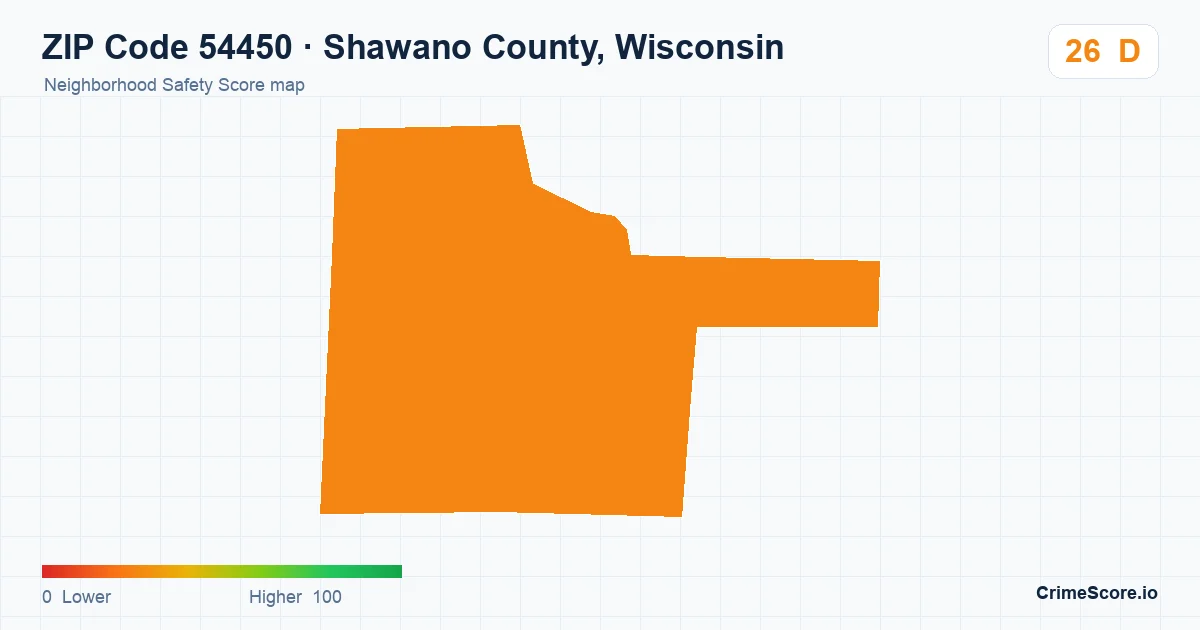ZIP Code 54450 in Shawano County, Wisconsin neighborhood Safety Score map