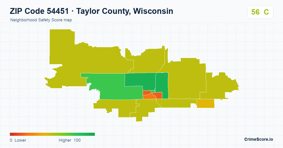 ZIP Code 54451 in Taylor County, Wisconsin neighborhood Safety Score map