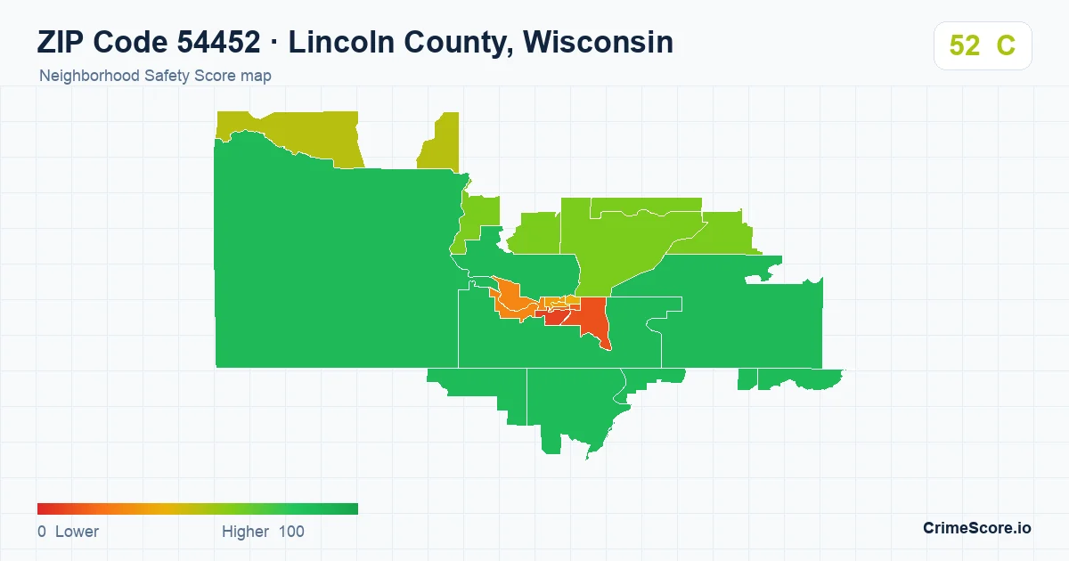 ZIP Code 54452 in Lincoln County, Wisconsin neighborhood Safety Score map
