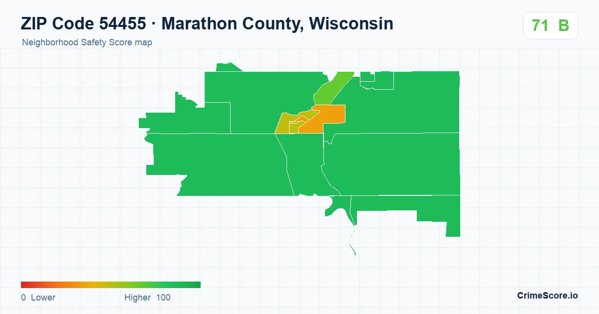 ZIP Code 54455 in Marathon County, Wisconsin neighborhood Safety Score map