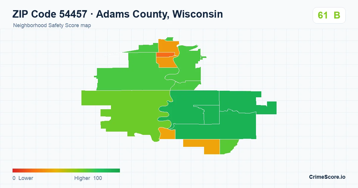 ZIP Code 54457 in Adams County, Wisconsin neighborhood Safety Score map