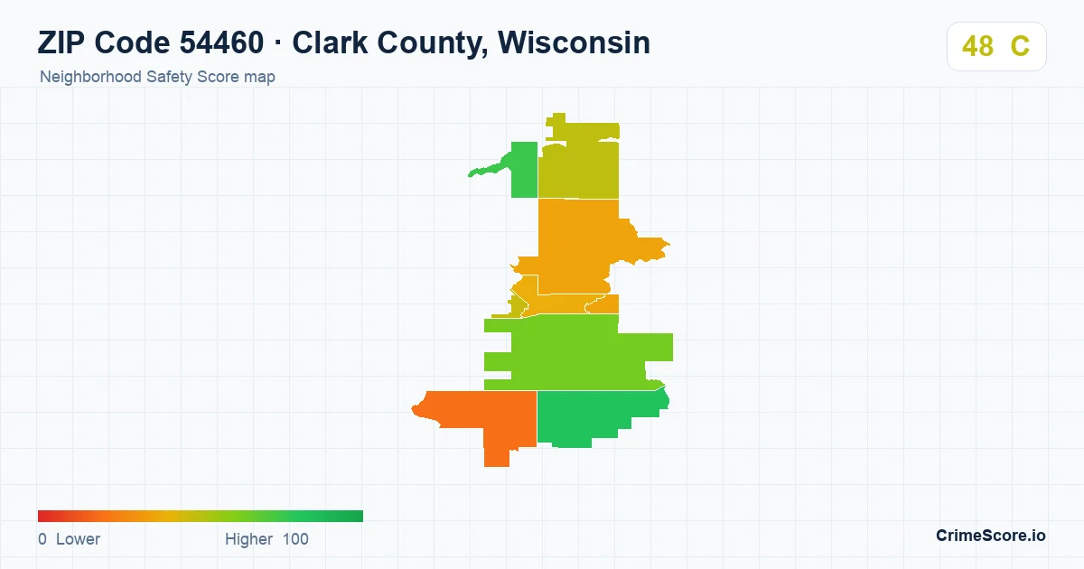 ZIP Code 54460 in Clark County, Wisconsin neighborhood Safety Score map