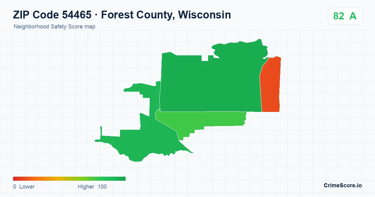 ZIP Code 54465 in Forest County, Wisconsin neighborhood Safety Score map