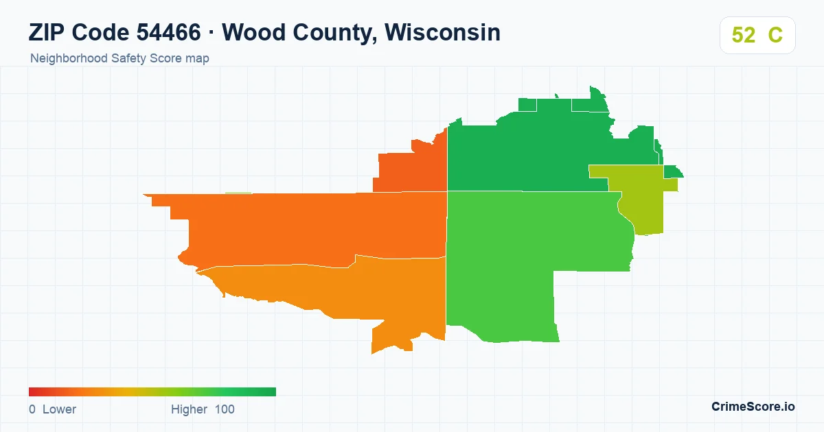 ZIP Code 54466 in Wood County, Wisconsin neighborhood Safety Score map