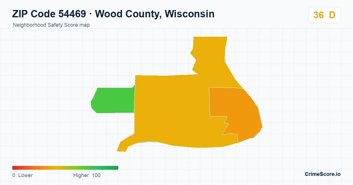 ZIP Code 54469 in Wood County, Wisconsin neighborhood Safety Score map