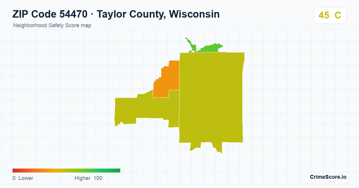 ZIP Code 54470 in Taylor County, Wisconsin neighborhood Safety Score map