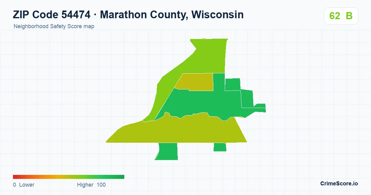 ZIP Code 54474 in Marathon County, Wisconsin neighborhood Safety Score map