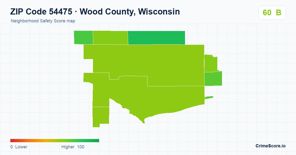 ZIP Code 54475 in Wood County, Wisconsin neighborhood Safety Score map