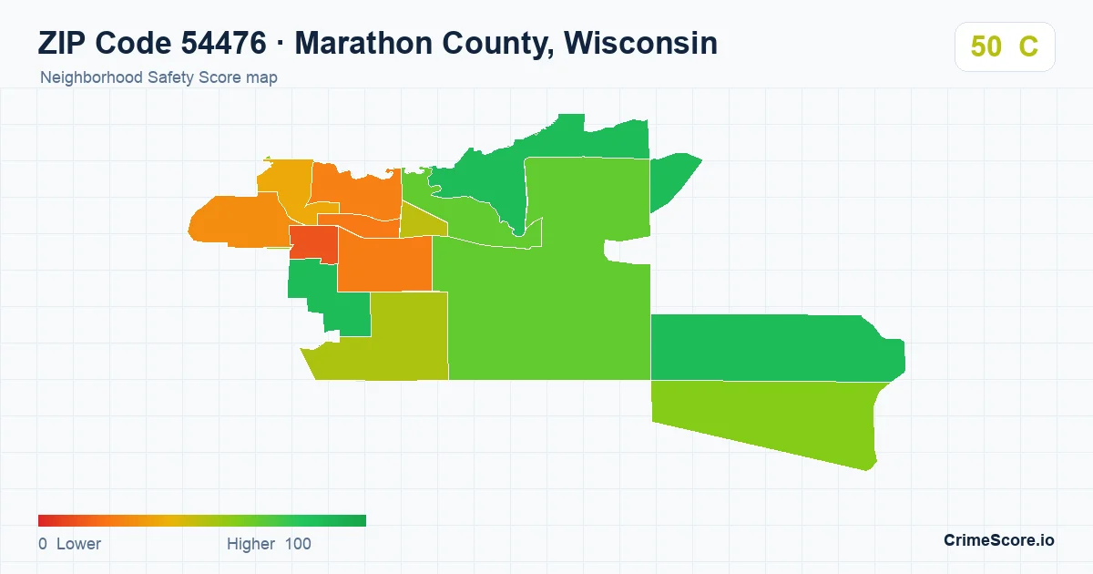 ZIP Code 54476 in Marathon County, Wisconsin neighborhood Safety Score map