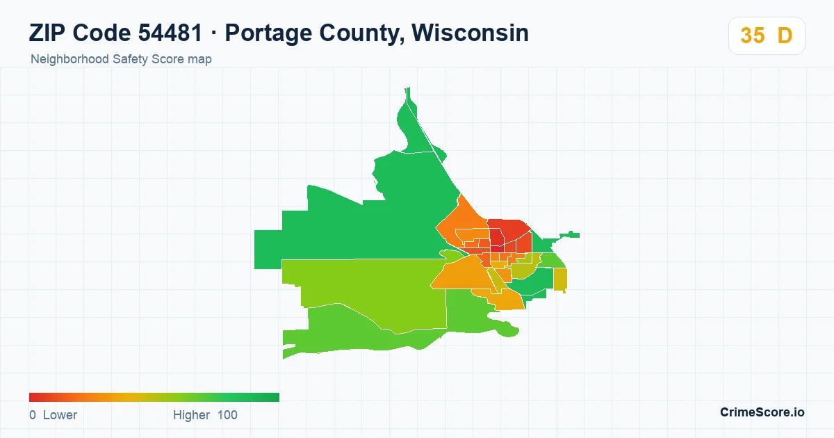 ZIP Code 54481 in Portage County, Wisconsin neighborhood Safety Score map