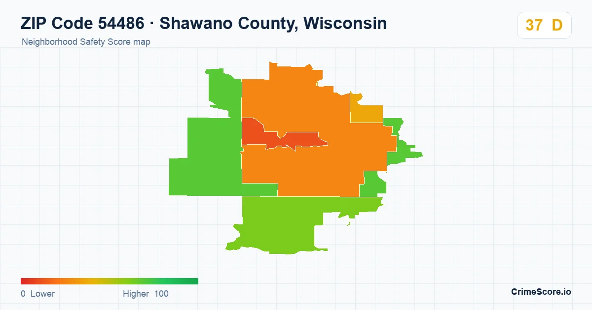 ZIP Code 54486 in Shawano County, Wisconsin neighborhood Safety Score map