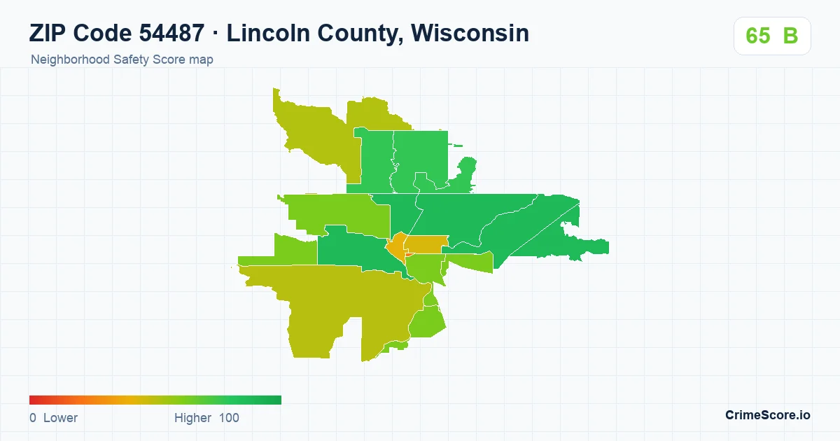ZIP Code 54487 in Lincoln County, Wisconsin neighborhood Safety Score map