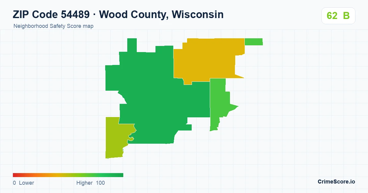 ZIP Code 54489 in Wood County, Wisconsin neighborhood Safety Score map