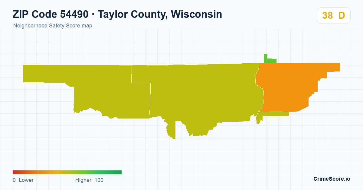 ZIP Code 54490 in Taylor County, Wisconsin neighborhood Safety Score map