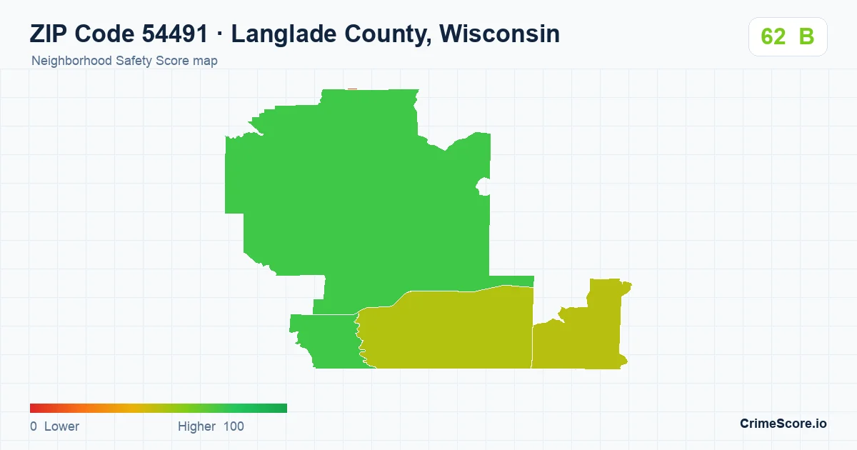 ZIP Code 54491 in Langlade County, Wisconsin neighborhood Safety Score map