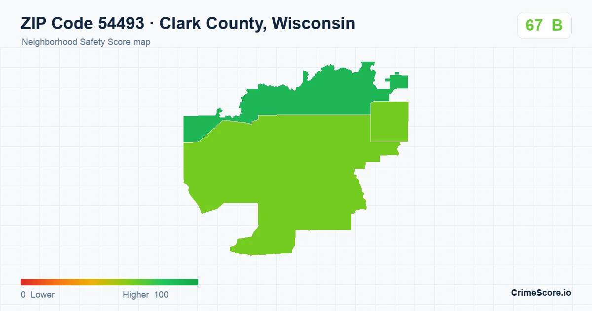 ZIP Code 54493 in Clark County, Wisconsin neighborhood Safety Score map