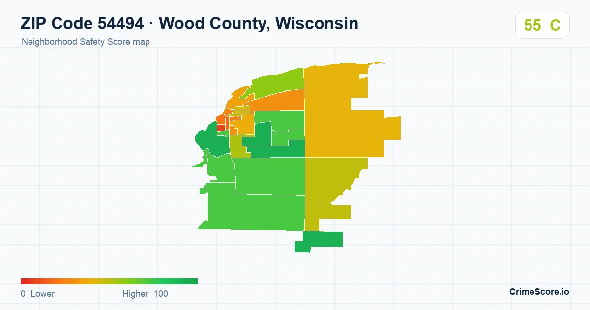 ZIP Code 54494 in Wood County, Wisconsin neighborhood Safety Score map