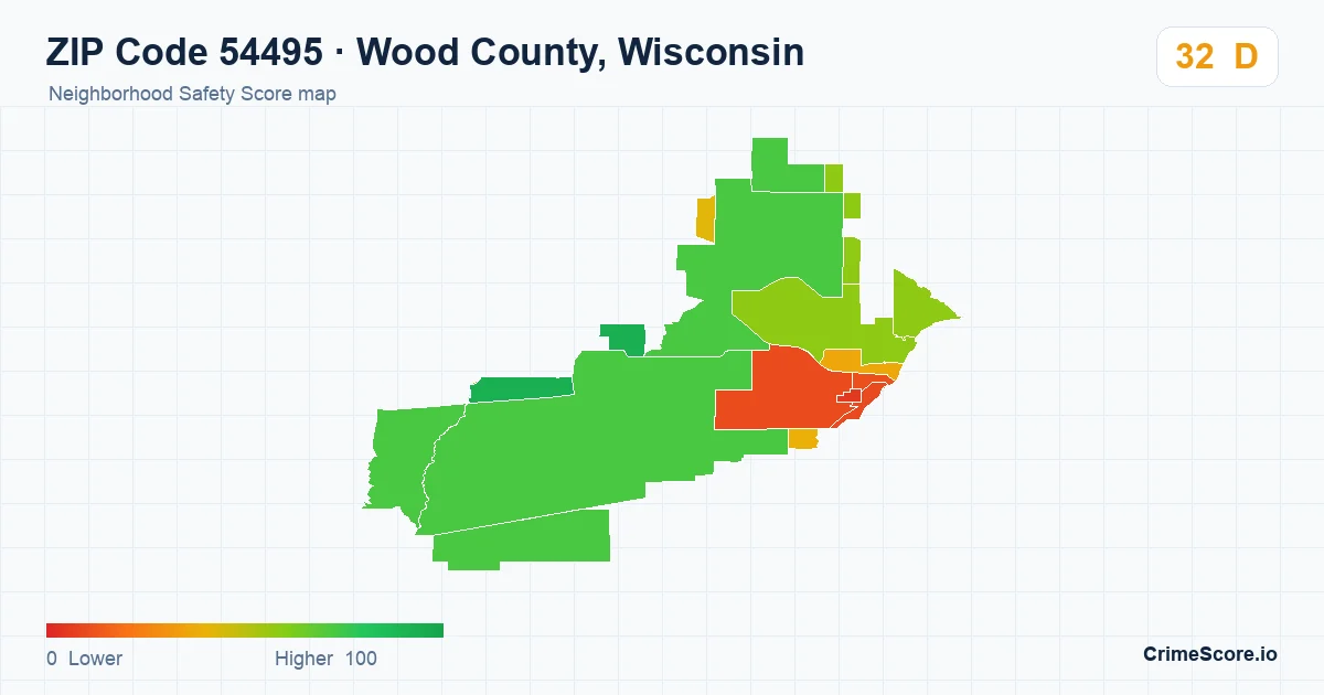 ZIP Code 54495 in Wood County, Wisconsin neighborhood Safety Score map