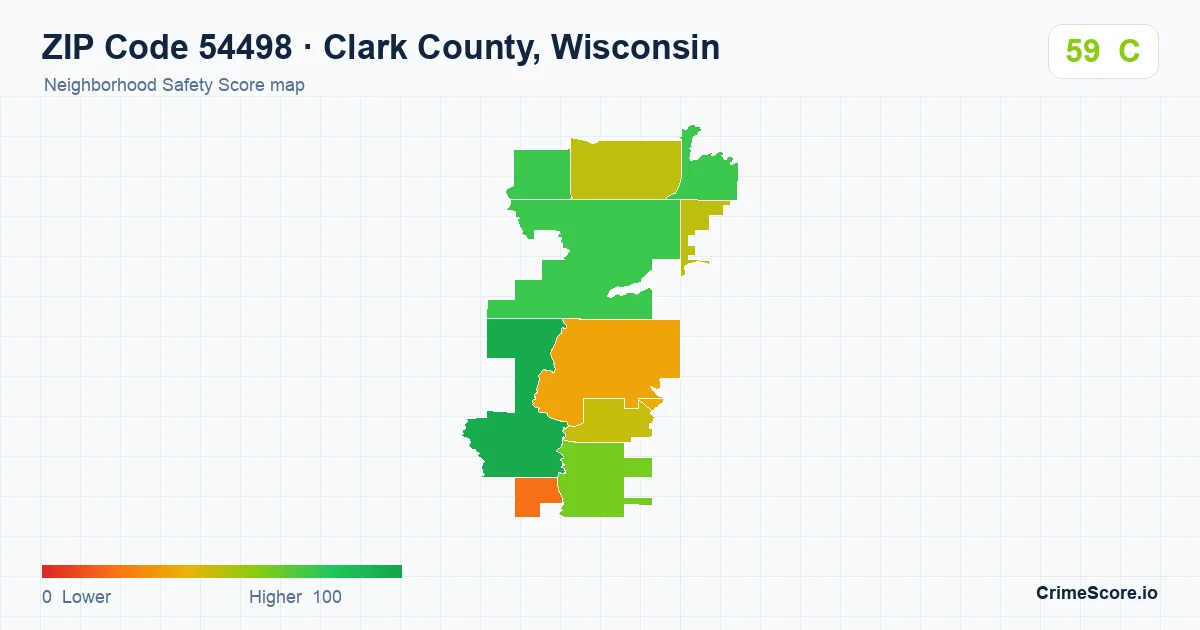 ZIP Code 54498 in Clark County, Wisconsin neighborhood Safety Score map