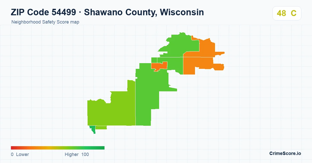 ZIP Code 54499 in Shawano County, Wisconsin neighborhood Safety Score map