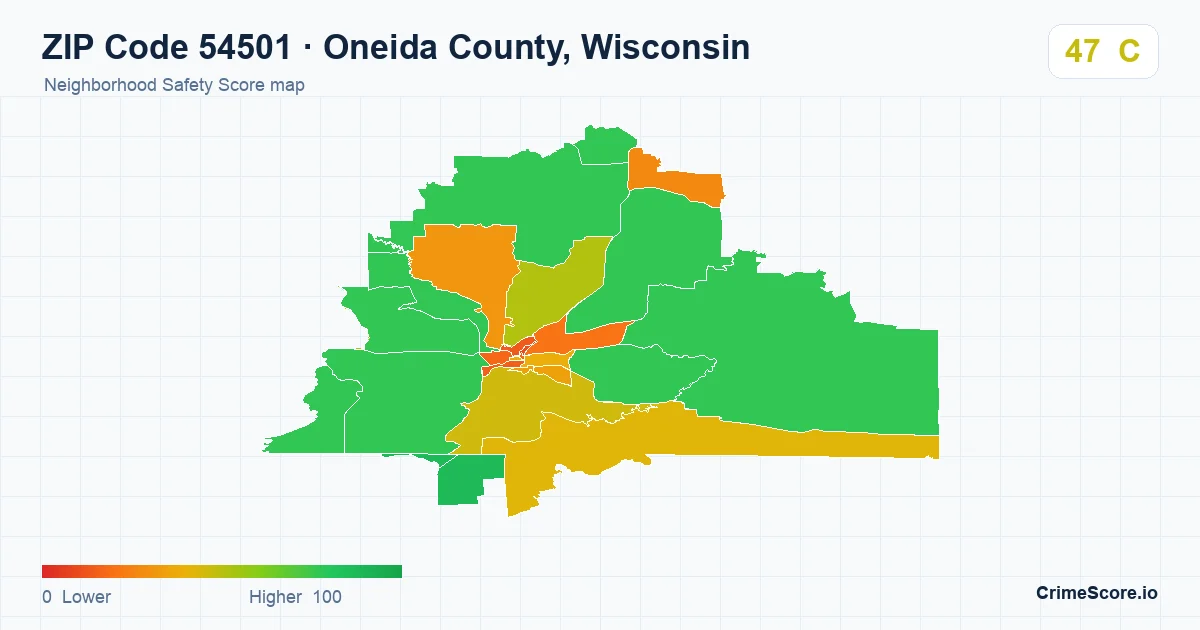 ZIP Code 54501 in Oneida County, Wisconsin neighborhood Safety Score map