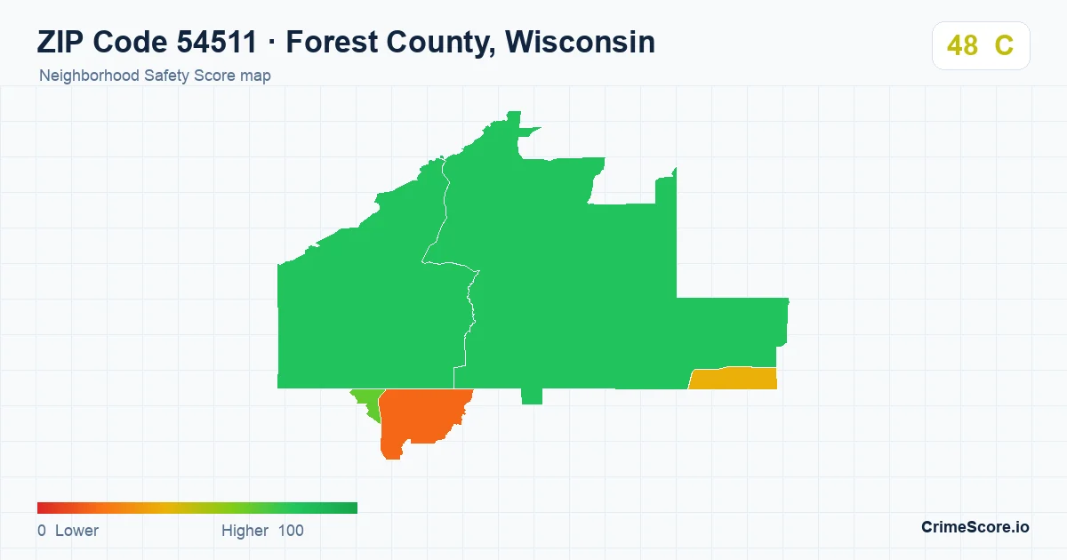 ZIP Code 54511 in Forest County, Wisconsin neighborhood Safety Score map
