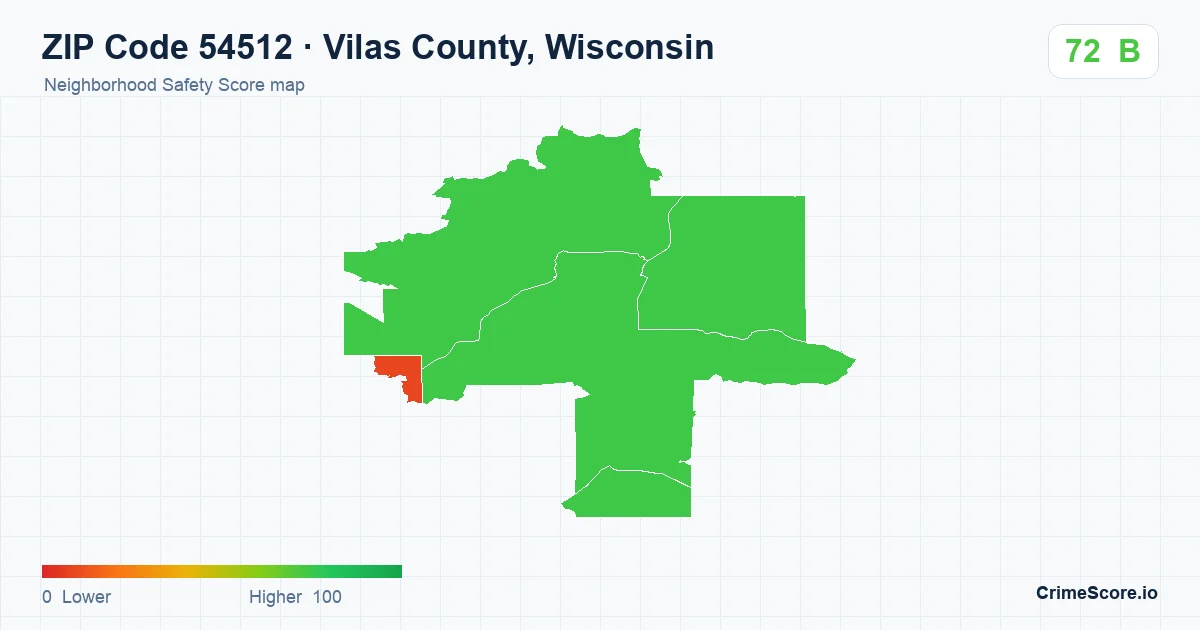 ZIP Code 54512 in Vilas County, Wisconsin neighborhood Safety Score map